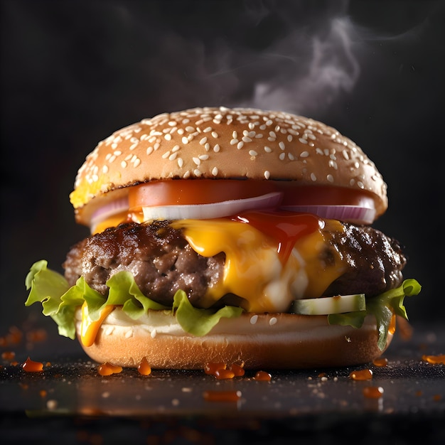 Big tasty cheeseburger with meat cheese and vegetables on black background