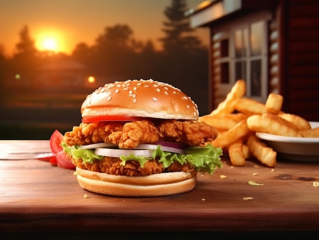 Big tasty chicken burger wooden table Generative AI