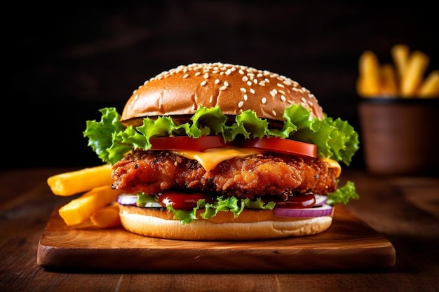 Big tasty chicken burger wooden table Generative AI