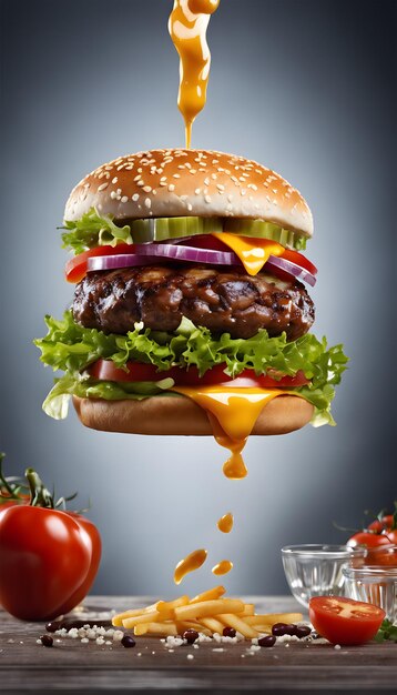 Big tasty flying burger with melted cheese high speed photography flying burger