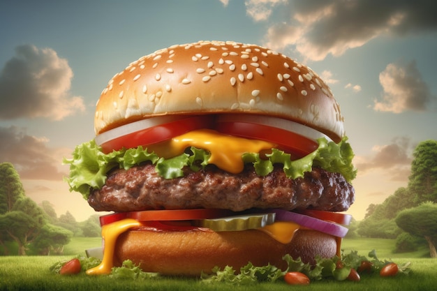 Big tasty hamburger on green grass landscape background