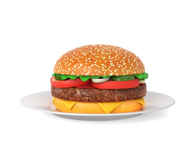 Big tasty hamburger lying on the plate isolated on white