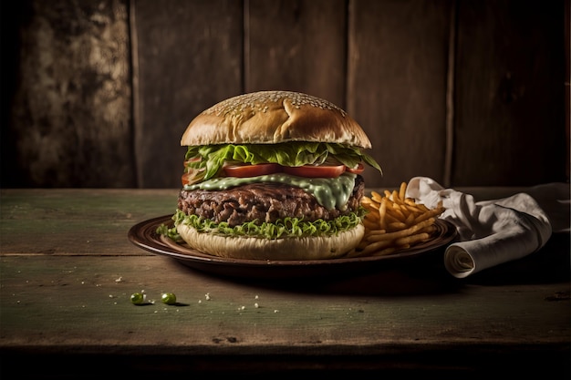 Большой и вкусный гамбургер на тарелке на деревянном столе