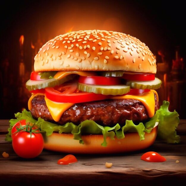 Big tasty hamburger with cheese salad and vegetables Double cheddar cheeseburger with chicken cutlet