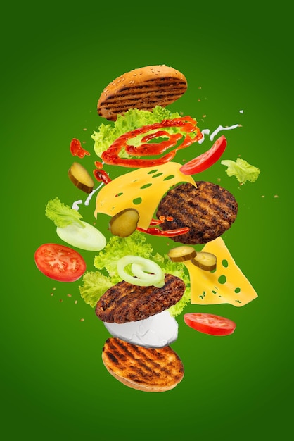 Big tasty hamburger with flying elements Flying burger Green background