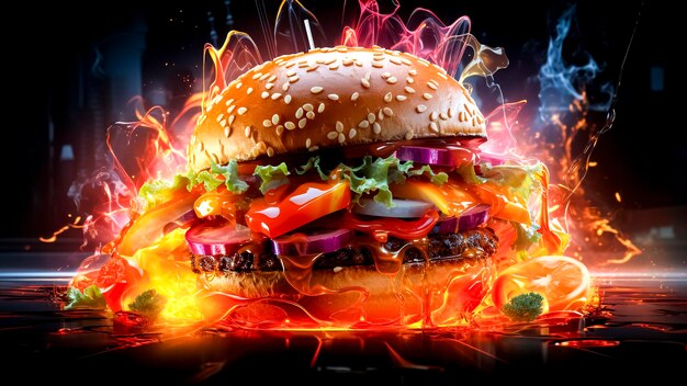 Big tasty hamburger with fresh vegetables on dark background Fast food concept