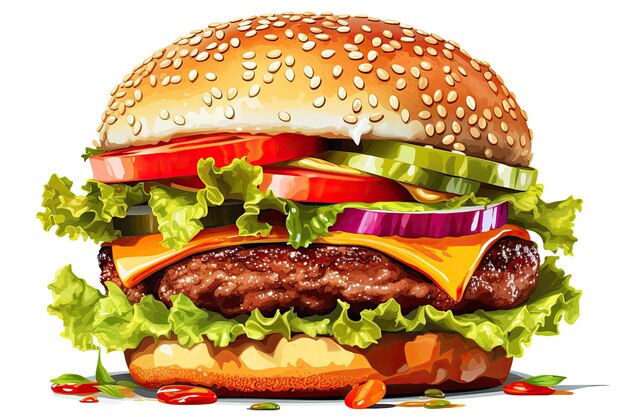 Big tasty hamburger with meat cheese and vegetables on a white background fast food concept