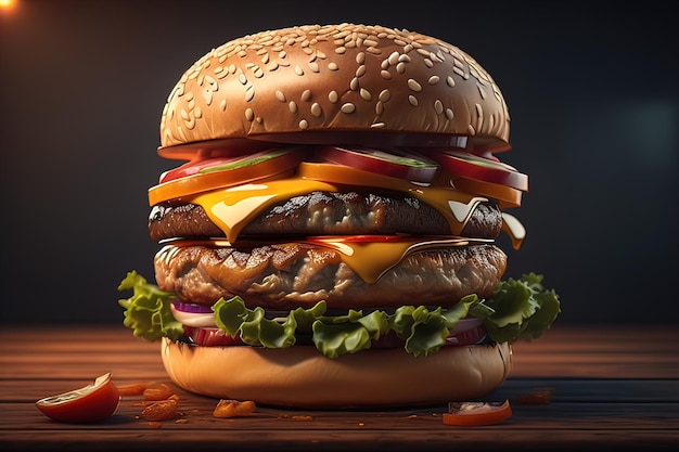 Photo big tasty hamburger on wooden table ai generative