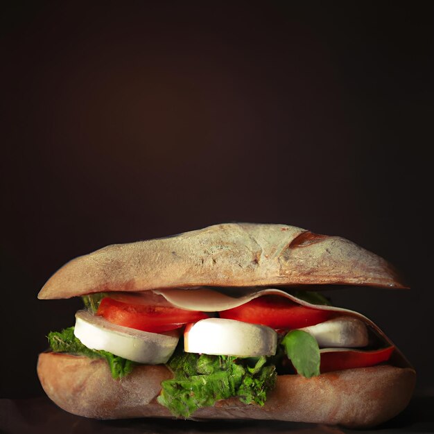 Foto grande e gustoso panino di ciabatta con mozzarella, pomodori, basilico e lattuga sul tavolo