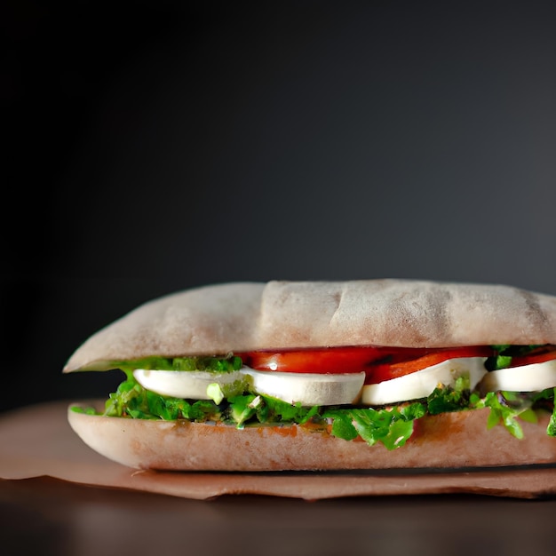Big tasty sandwich of ciabatta with mozzarella cheese tomatoes basil and lettuce on the table
