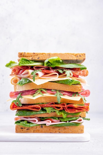 Big tasty sandwich with ham salami salad cheese and tomatoes