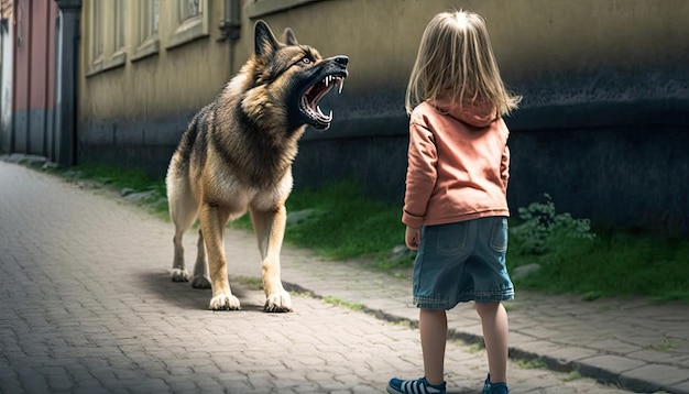 街を歩いている少女に向かって吠え、うなり声をあげる大きな恐ろしい野良犬 狂犬病の犬が子供を襲う