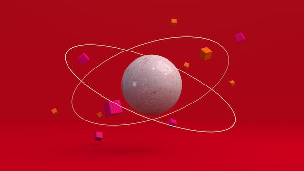 Big textured sphere and orbiting cubes. Red background