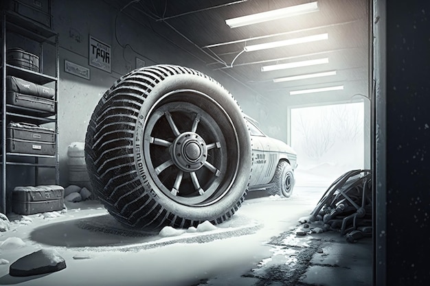 Big tire in a garage WINTER COLD AND SNOW OUTSIDE illustration generative ai