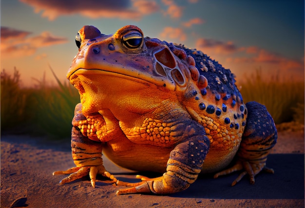 A big toad lives in a swamp evening time