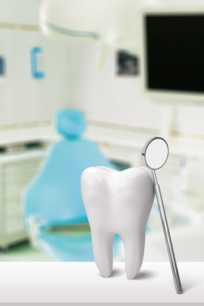 Big tooth and dentist mirror in dentist clinic on the desk