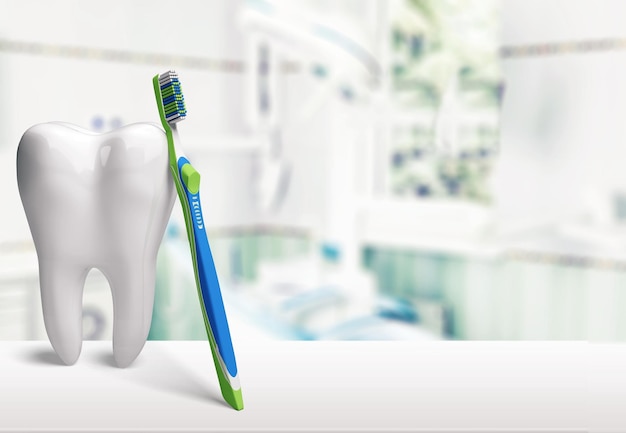 Big tooth model and toothbrush on light background