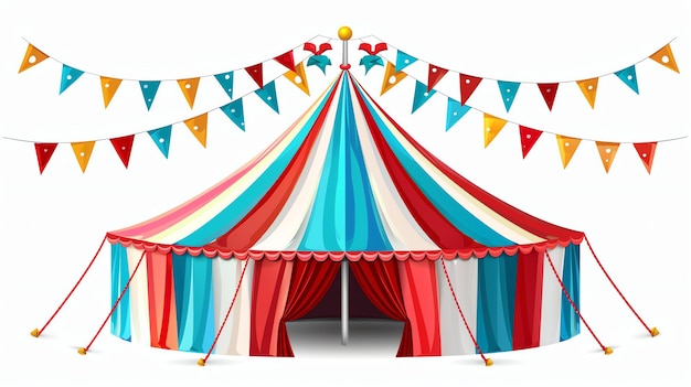 Photo big top circus tent with red and white stripes and a blue roof the entrance is framed with red curtains