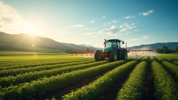 緑の大豆のプランテーションに殺虫剤を噴射する大きなトラクター