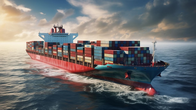 Big transport ship with containers with goods on the open sea