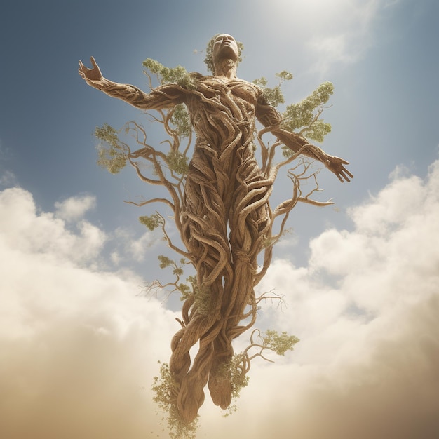 a big tree in air in a shape of man body looking amazing