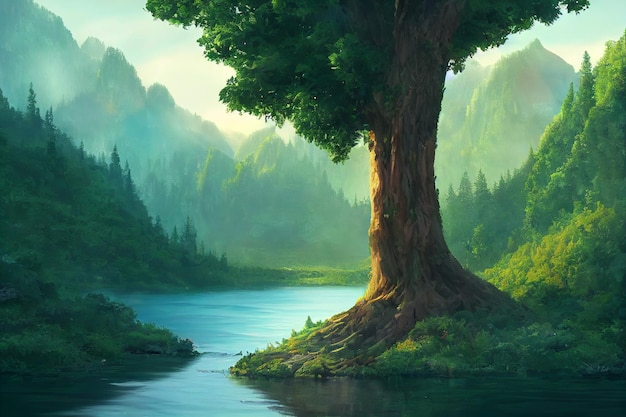 Big tree calm river forest mountain wall