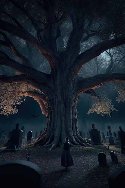 Big tree cemetery night halloween scene