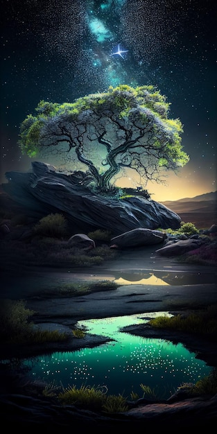 Большое дерево, ярко светящееся от ночного неба и звездного фона. Создано с помощью технологии генеративного искусственного интеллекта.