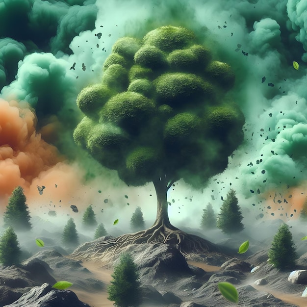 Photo big tree growing blue smoke ai image