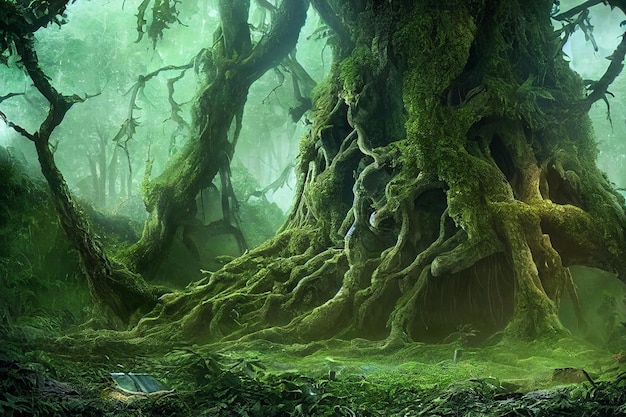 Big tree hideout in deep forest fiction scene 3d illustration