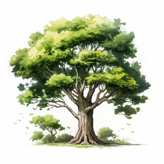 Big tree isolated on white background Watercolor hand drawn illustration