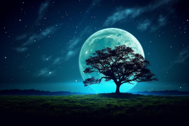 Big tree on a night background with a big full moon Generative AI