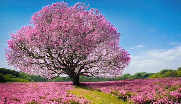 Big tree in pink color flower field