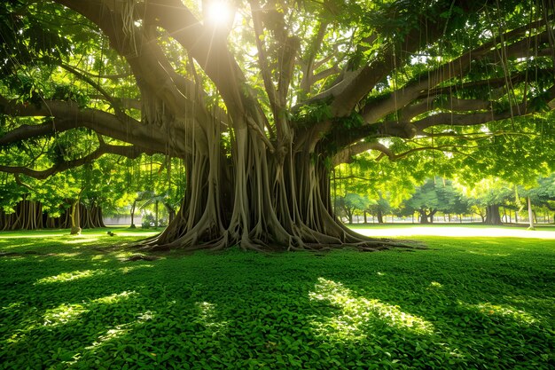 Big tree in the public park with sunlight and green grass background