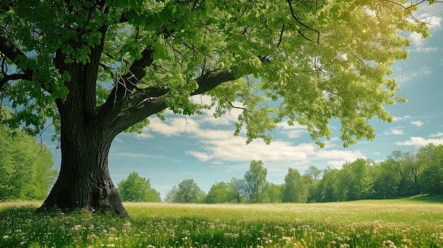 신선한 녹색 잎과 녹색 봄 초원이 있는 큰 나무