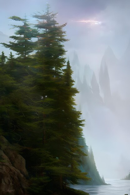 Photo big trees and foggy mountains in the forest