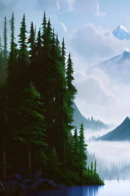 Big trees and foggy mountains in the forest