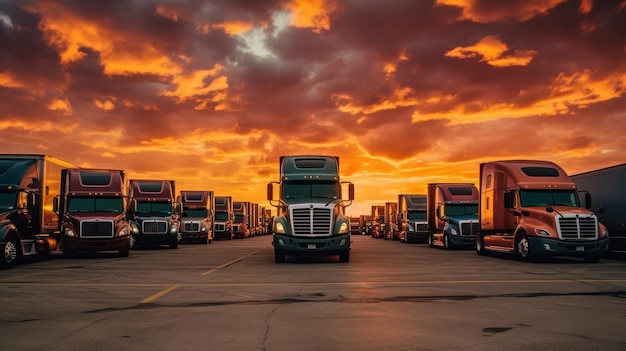 big truck in car parking lot with sunset