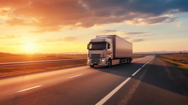 Big truck on a road at sunset