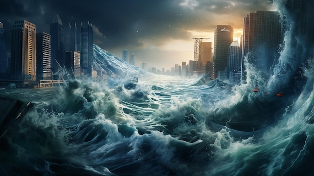 Photo big ts unami flooding wave destroy city with sky scrap