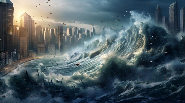 Photo big ts unami flooding wave destroy city with sky scrap