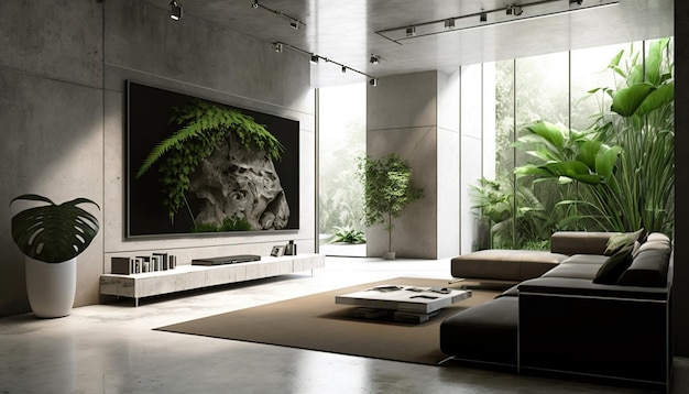 Большой экран телевизора и бетонные стены в гостиной растениями в роскоши