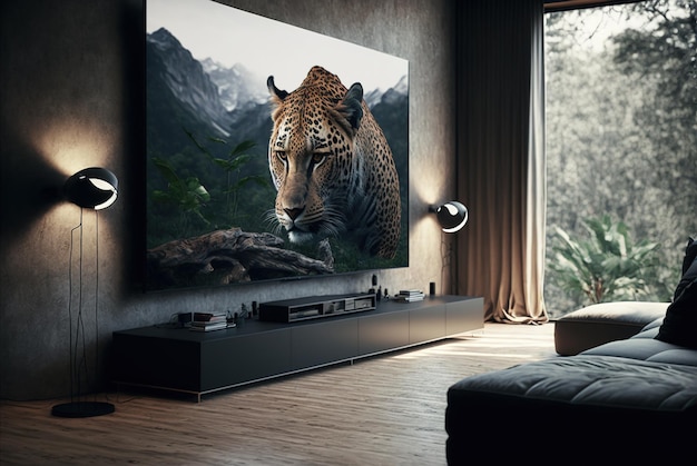 Big TV wall screen in modern living room television set in luxury interior generative AI