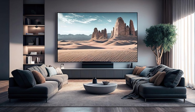 Big TV wall screen in modern living room television set in luxury interior