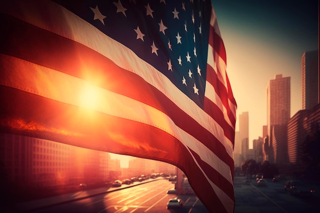 街の背景の夕日やゴールデンアワーに大きなアメリカの国旗生成 AI