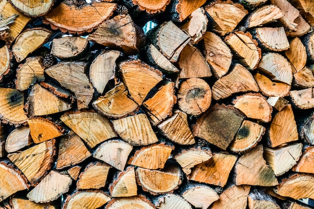 Big wall of stacked wood logs showing natural discoloration