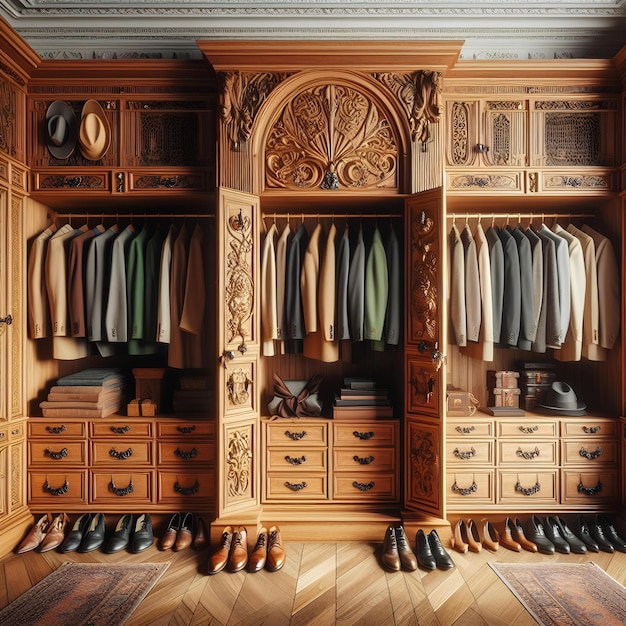 Big wardrobe with different clothes for dressing room