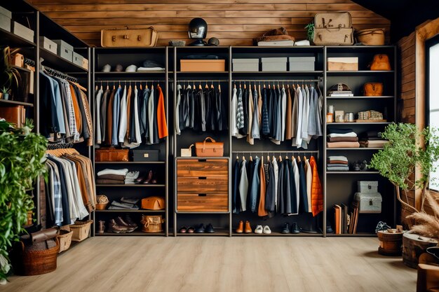 Big wardrobe with male clothes for dressing room Generative AI