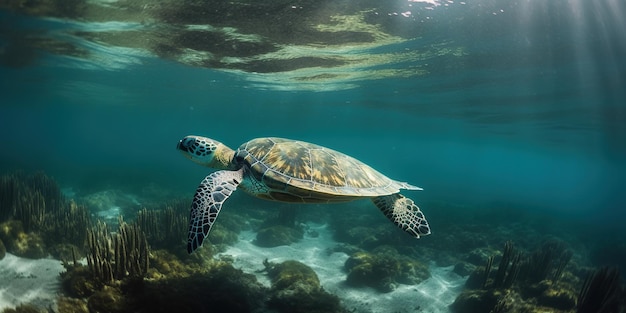 Big water turtle swimming in the ocean near the bottom