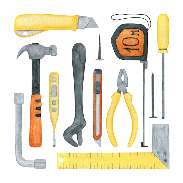 Photo big watercolor set of construction tools on a white background in vector